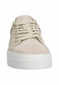 Beige suede sneakers with a rounded toe, featuring flat laces and a thick white rubber sole, showcasing a clean, minimalist design.