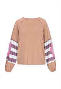 Långärmad topp i ljusbrun tyg, med randiga ärmar i rosa och lila accenter och en avslappnad passform.