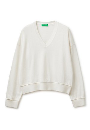 Witte lange mouwen V-hals trui met geribbelde manchetten en zoom, licht cropped pasvorm en een groen merkembleem aan de binnenkant van de kraag.