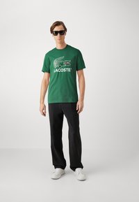 Žalias medvilnės marškinėliai su dideliu baltu Lacoste krokodilo logotipu ir prekės ženklu. Dėvimi su juodomis kelnėmis ir baltais sportbačiais. Modelis užsidėjęs akinius nuo saulės.