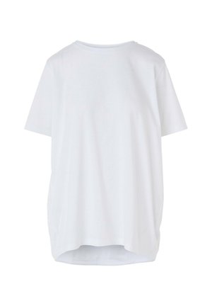 White, short-sleeve T-shirt with a relaxed fit. Rounded neckline and longer back hem. Made from smooth, breathable cotton fabric.