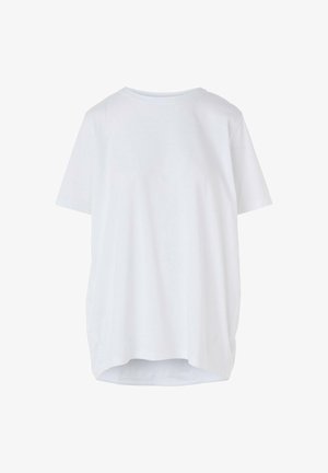 White, short-sleeve T-shirt with a relaxed fit. Rounded neckline and longer back hem. Made from smooth, breathable cotton fabric.