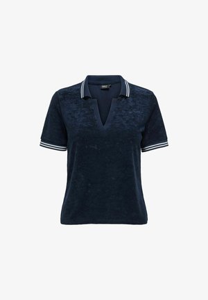 Navy blue polo shirt with a textured fabric, short sleeves, and a V-neck. Features white striped accents on the collar and sleeves.