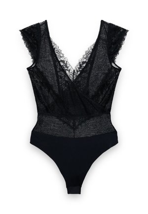 Body noir avec accents en dentelle, un décolleté en V, des manches à volants et une partie inférieure lisse et unie. La dentelle texturée recouvre la partie supérieure.