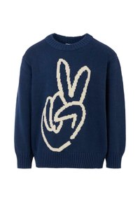 Granatowy sweter robiony na drutach z dużym graficznym wzorem białej dłoni wykonującej gest pokoju. Żebrowany dekolt i dół, o teksturowanym wykończeniu.