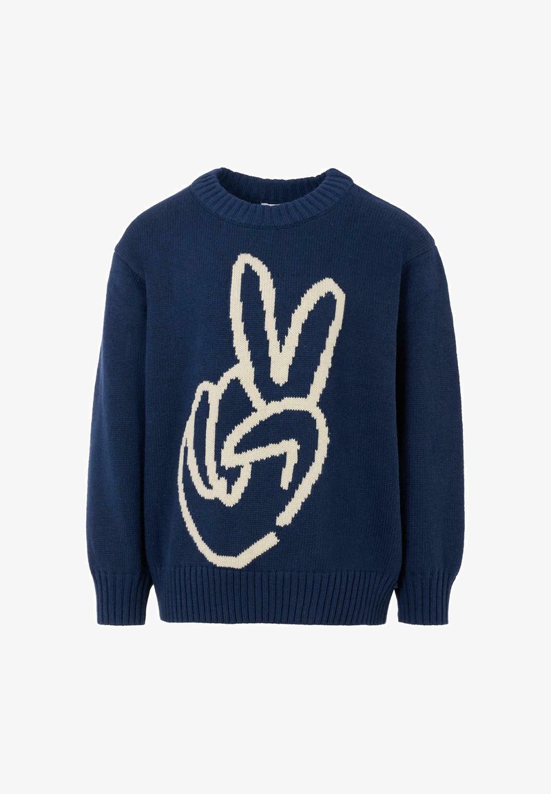 Granatowy sweter robiony na drutach z dużym graficznym wzorem białej dłoni wykonującej gest pokoju. Żebrowany dekolt i dół, o teksturowanym wykończeniu.