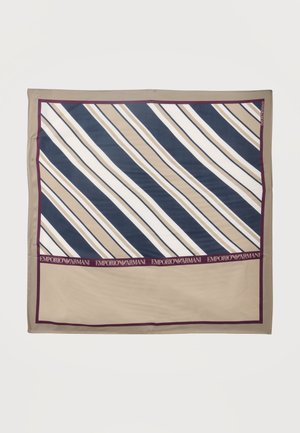 Pañuelo de seda con rayas diagonales en beige, azul marino y blanco, borde beige y ribete burdeos con el logotipo de Emporio Armani repetido.