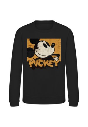 Sort langærmet sweatshirt med vintage-stil grafik af Mickey Mouse-hoved og ordet "MICKEY" med fede, slidte orange bogstaver.