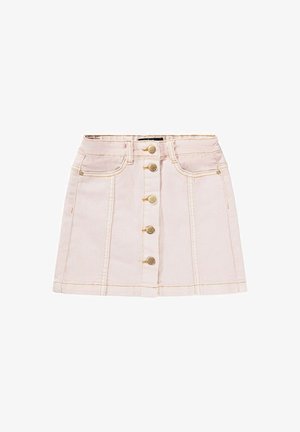Jasnoróżowa spódnica z denimu z zapięciem na pięć guzików z przodu oraz dwoma przednimi kieszeniami; posiada złote przeszycia jako detal.