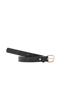 Cintura nera realizzata in pelle strutturata, con fibbia in metallo dorato e motivo in rilievo sottile. Regolabile con fori multipli.