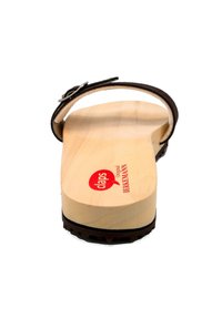 Brown leather sandal with adjustable strap, wooden sole, and rubber bottom. Features red logo "claps Original Berkemann" on the insole.
