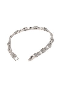 Ezüst színű karkötő, virágmintákkal, láncszerű kialakítással és beépített átlátszó kövekkel a részletek gazdagításáért. Sima textúra és fényes bevonat.