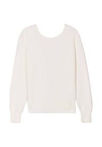 Pull-over blanc à manches longues avec un col rond, présentant une texture douce et une coupe décontractée. Aucun motif visible ni détail matériel.