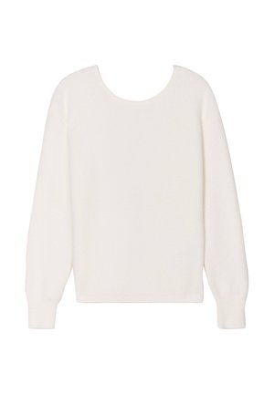 Pullover bianco a maniche lunghe con scollatura rotonda, caratterizzato da una texture morbida e una vestibilità rilassata. Nessun motivo visibile o dettagli in metallo.