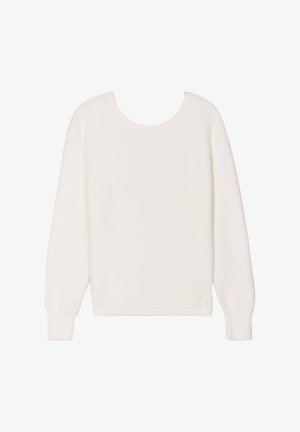 White, long-sleeve pullover with a rounded neckline, featuring a soft texture and a relaxed fit. No visible patterns or hardware details.