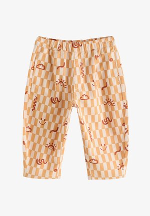 Trumpinti šortai su elastiniu liemeniu, turintys oranžinės ir kreminės spalvų languotą raštą, dekoruoti saulės, šypsenėlių ir debesų motyvais.