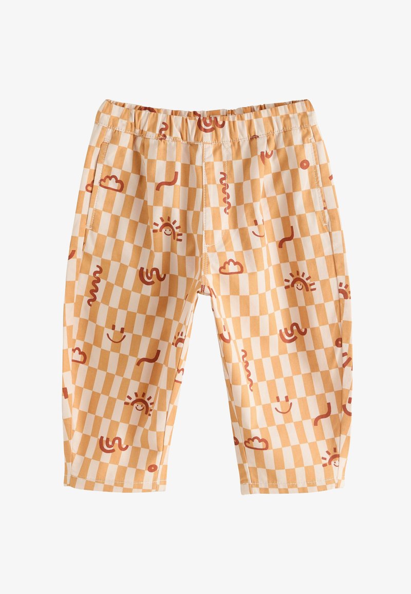 Vzorované šortky s elastickým pasem, s kostkovaným vzorem v oranžové a krémové barvě, zdobené motivy slunce, smajlíka a mraků.