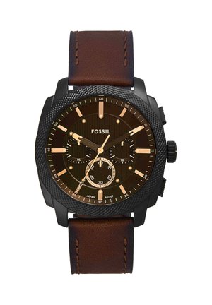 Herrenuhr von Fossil mit schwarzem, strukturiertem rundem Gehäuse, braunem Zifferblatt mit roségoldenen Markierungen, drei Unterzifferblättern und braunem Lederarmband.