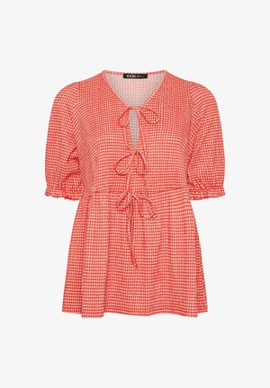 Rot-weiß kariertes kurzärmeliges Bluse mit aufgepufften Ärmeln, drei vorderen Binderverschlüssen und einem lockeren, gerafften Taillendesign.