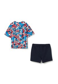 Short-sleeve t-shirt featuring a multicolored superhero print, paired with solid navy blue shorts. Cotton fabric, relaxed fit, elastic waistband.