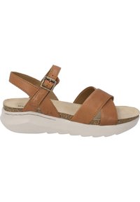 Brown leather sandals with crisscross straps and adjustable buckle, featuring a cushioned insole and a white, contoured outsole.
