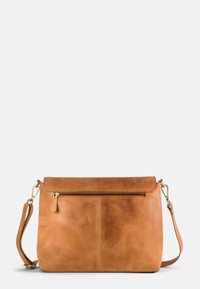 Tan leather shoulder bag with a single top zipper, flat silhouette, adjustable strap, and rectangular shape. Features minimalistic design.