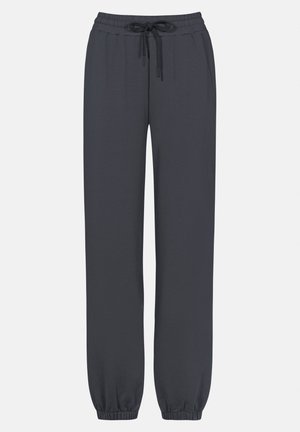 Dunkelgraue Jogginghosen aus weichem Material, mit elastischem Bund und Kordelzug sowie elastischen Bündchen an den Knöcheln.