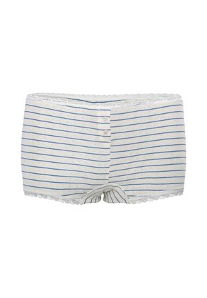 White women's cotton shorts with thin blue horizontal stripes, two front buttons, and lace trim at waistband and leg openings.