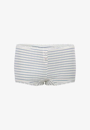 White women's cotton shorts with thin blue horizontal stripes, two front buttons, and lace trim at waistband and leg openings.