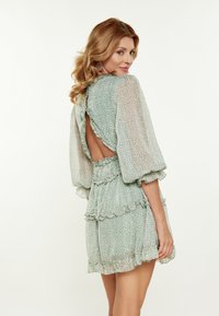 Kurzärmeliges, mintgrünes Kleid mit floralem Muster, Rüschendetails, offenem Rückendesign und taillierter Taille. Hergestellt aus leichtem Stoff.