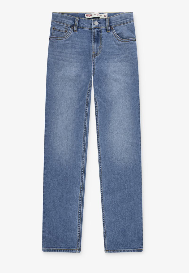 Ljusblå denimjeans med rak bendesign, fem fickor och kontrasterande sömmar. Klassisk knapp- och blixtlås-stängning.