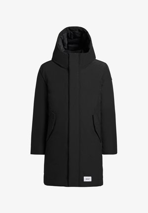 Black parka coat with a high collar and spacious hood, featuring two side pockets and a front zipper, made from a smooth, waterproof material.
