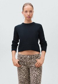 Črna pletena skrajšana jopica z teksturiranim vzorcem, v kombinaciji z bež hlačami z leopardjim vzorcem, ki imajo sprednje žepke in gumbasto zapiranje.