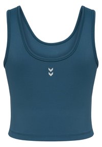 Turkos sportcroptopp i mjukt, stretchigt material; har en rund halsringning och en chevron-logotyp i silver framtill.