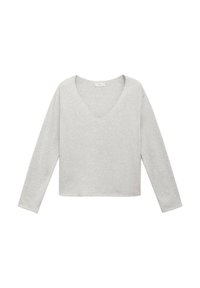 Grå långärmad topp med djup V-ringning, tillverkad av mjukt tyg; avslappnad passform med rak fåll, inga mönster eller accent.