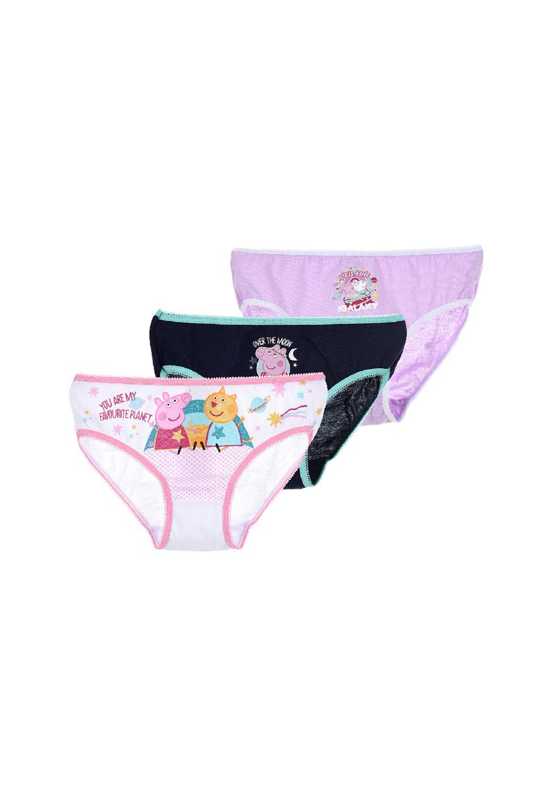 Trois paires de sous-vêtements en coton pour enfants : une blanche avec des bordures roses et un dessin animé, une noire avec des bordures bleues, et une lilas clair avec un graphisme.