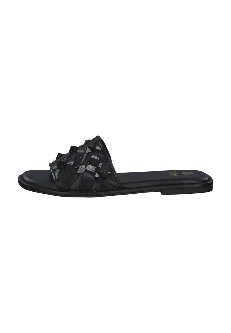 Black slide sandal with a textured upper featuring geometric studs. Smooth sole, open toe design, and minimalistic silhouette.