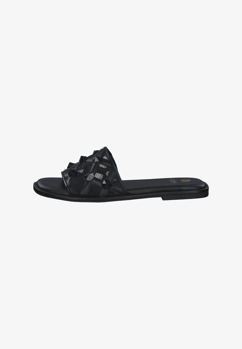 Black slide sandal with a textured upper featuring geometric studs. Smooth sole, open toe design, and minimalistic silhouette.