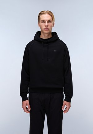 Black hooded sweatshirt with a relaxed fit, ribbed cuffs, and hem. Features drawstrings and a small logo on the chest. Soft texture.