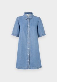 Denim-kangashirt, vaaleansininen, lyhyet hihat, kaulus, edessä nappisuljenta, polvipituus, ompelu yksityiskohtia hihoissa, rento malli.
