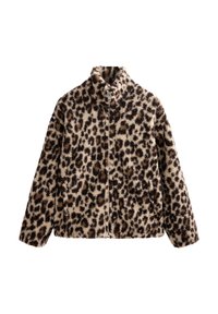 Giacca in pile con zip completa, colletto alto e motivo leopardato nelle tonalità di marrone e beige, presentata su uno sfondo bianco.