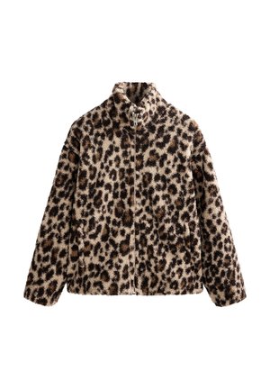 Teljes cipzáras polárdzseki magas gallérral, barna és bézs árnyalatú leopárdmintával, fehér háttér előtt bemutatva.