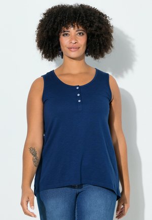 Navy blue sleeveless top made of soft material with a round neck and five button placket; relaxed fit with side slits at the hem.