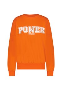 Oranžová mikina s volným střihem, s bílým nápisem "POWER" a textem "EST. 2020" pod ním. Žebrované manžety a lem. Hladký bavlněný materiál.
