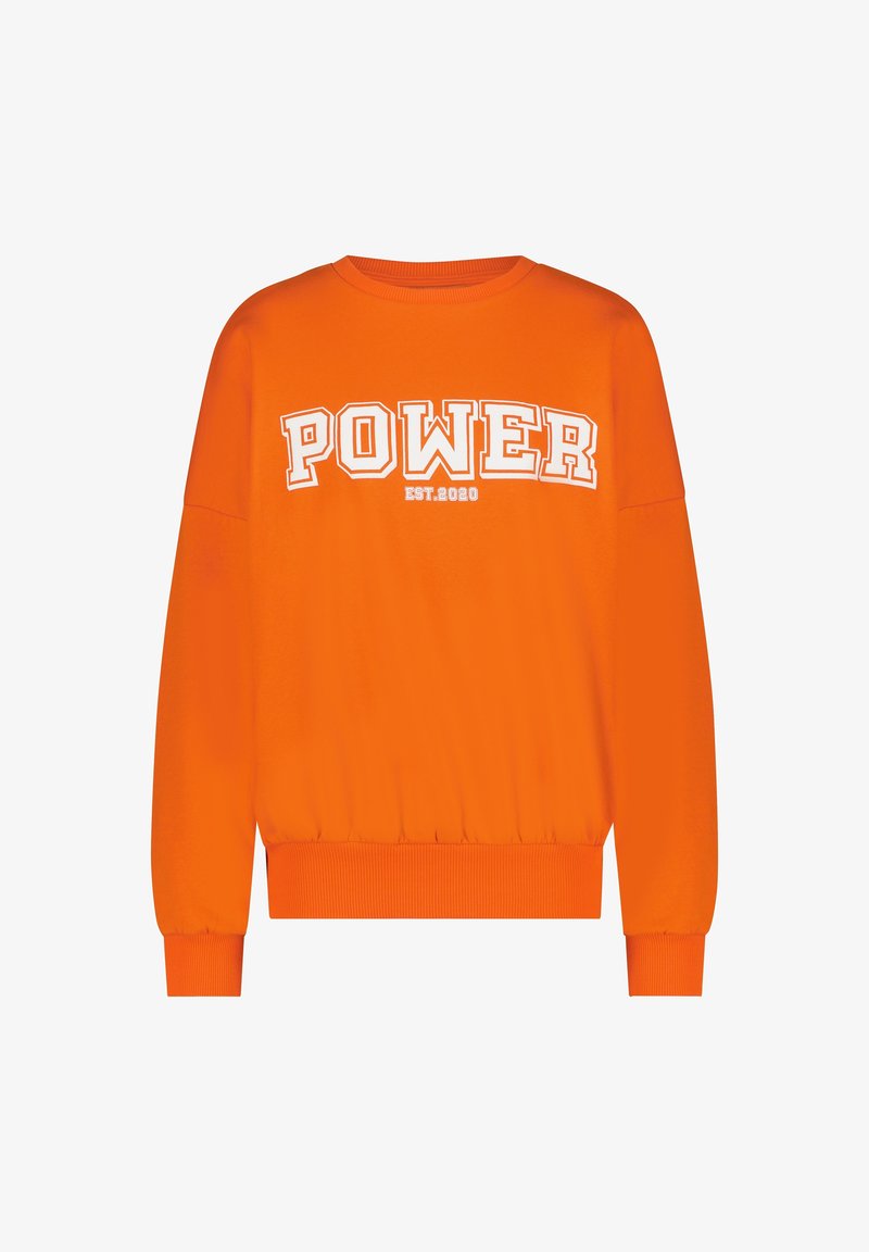 Oranžová mikina s volným střihem, s bílým nápisem "POWER" a textem "EST. 2020" pod ním. Žebrované manžety a lem. Hladký bavlněný materiál.