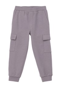 Graue, weiche Jogginghosen mit geripptem Bund, Knöchelbündchen und zwei Seitentaschen. Verfügt über zwei Cargo-Taschen mit Klappenverschlüssen.