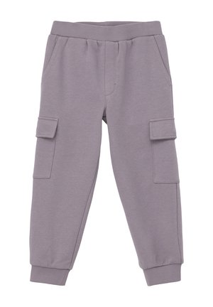 Graue, weiche Jogginghosen mit geripptem Bund, Knöchelbündchen und zwei Seitentaschen. Verfügt über zwei Cargo-Taschen mit Klappenverschlüssen.