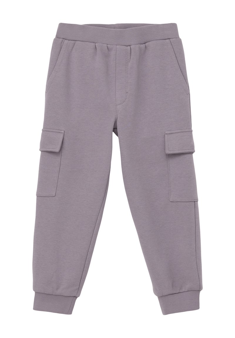 Graue, weiche Jogginghosen mit geripptem Bund, Knöchelbündchen und zwei Seitentaschen. Verfügt über zwei Cargo-Taschen mit Klappenverschlüssen.