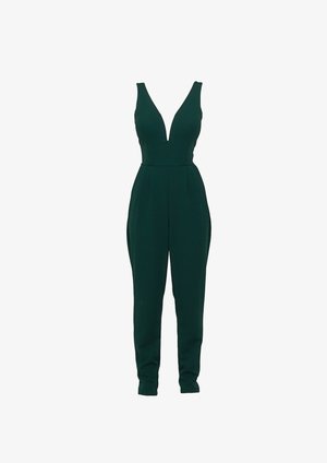 Combinaison verte avec un décolleté en V profond, sans manches, jambes fuselées et poches latérales. Fabriquée en tissu lisse et extensible pour une coupe ajustée.