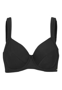 Svart behå med slät, elastisk tyg, byglar för stöd och breda justerbara axelband. Enkelt design utan synliga mönster eller metall.